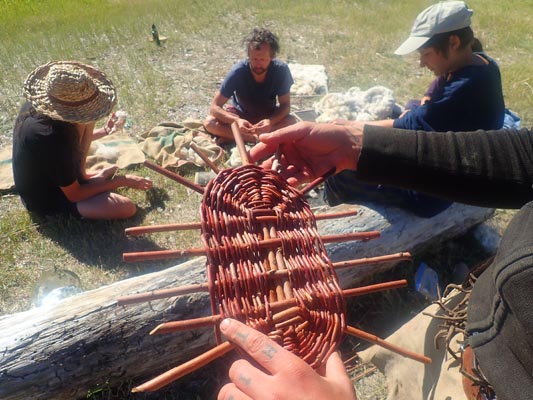 Bottom of willow basket being woven.