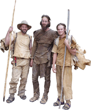 Dressed in buckskin clothing, ready for a wilderness survival camping trip.